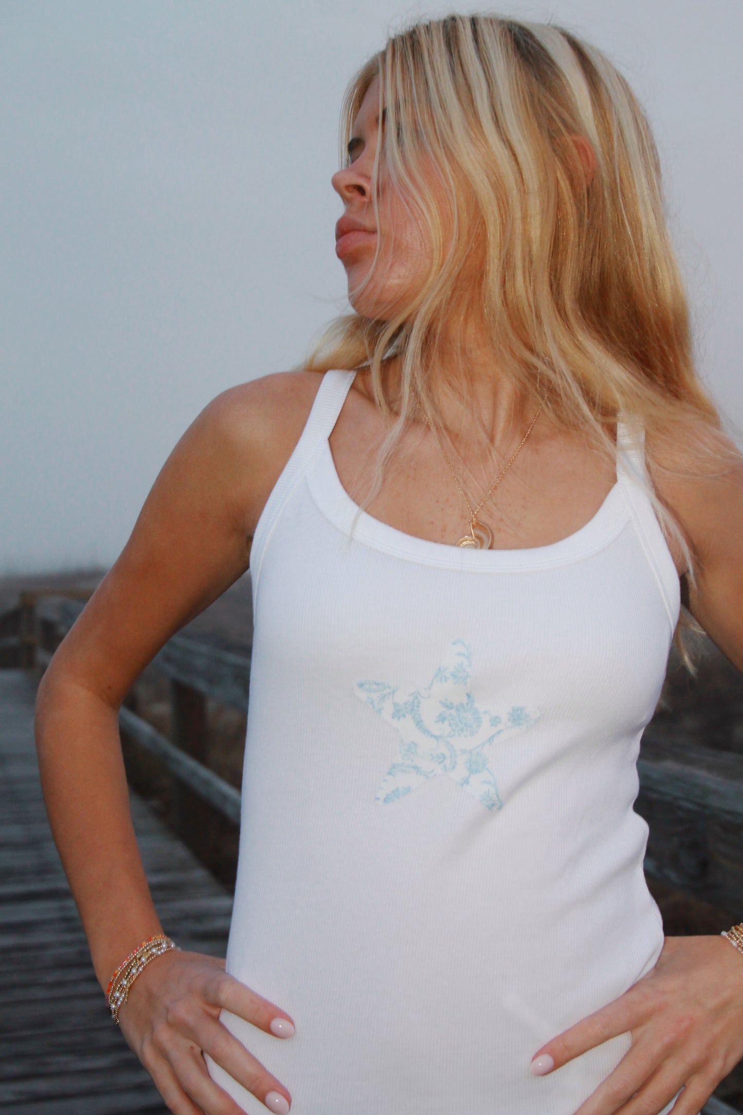white starfish patchwork tank top