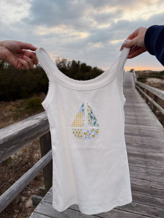 cream sailboat patchwork tank top
