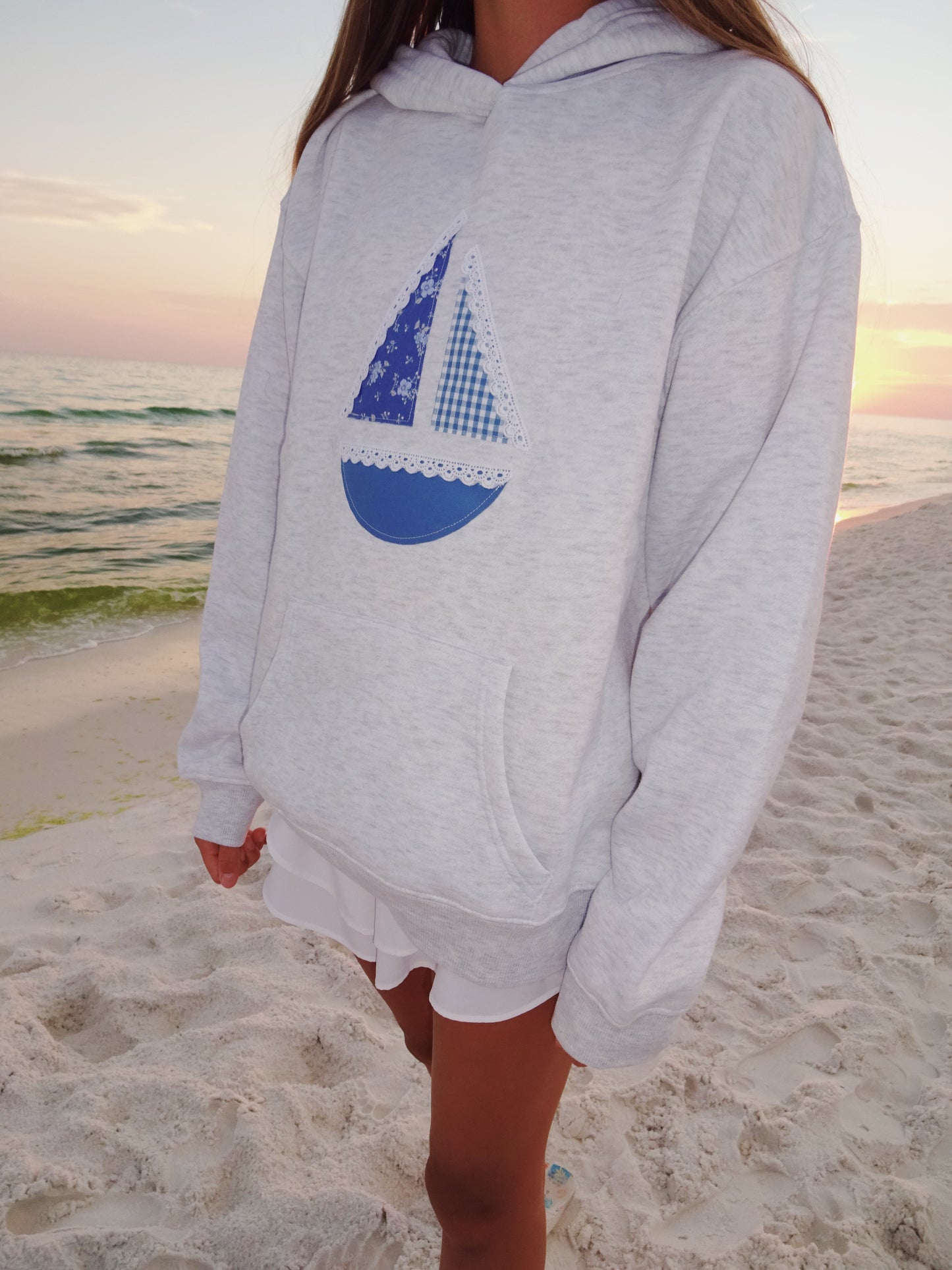 Blue sailboat patchwork hoodie