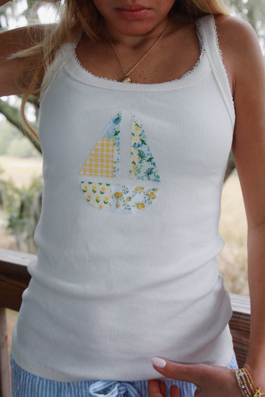 cream sailboat patchwork tank top