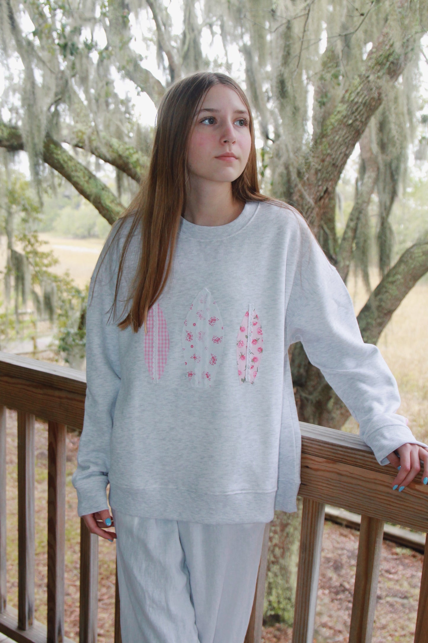 pink surfboard patchwork light gray crewneck