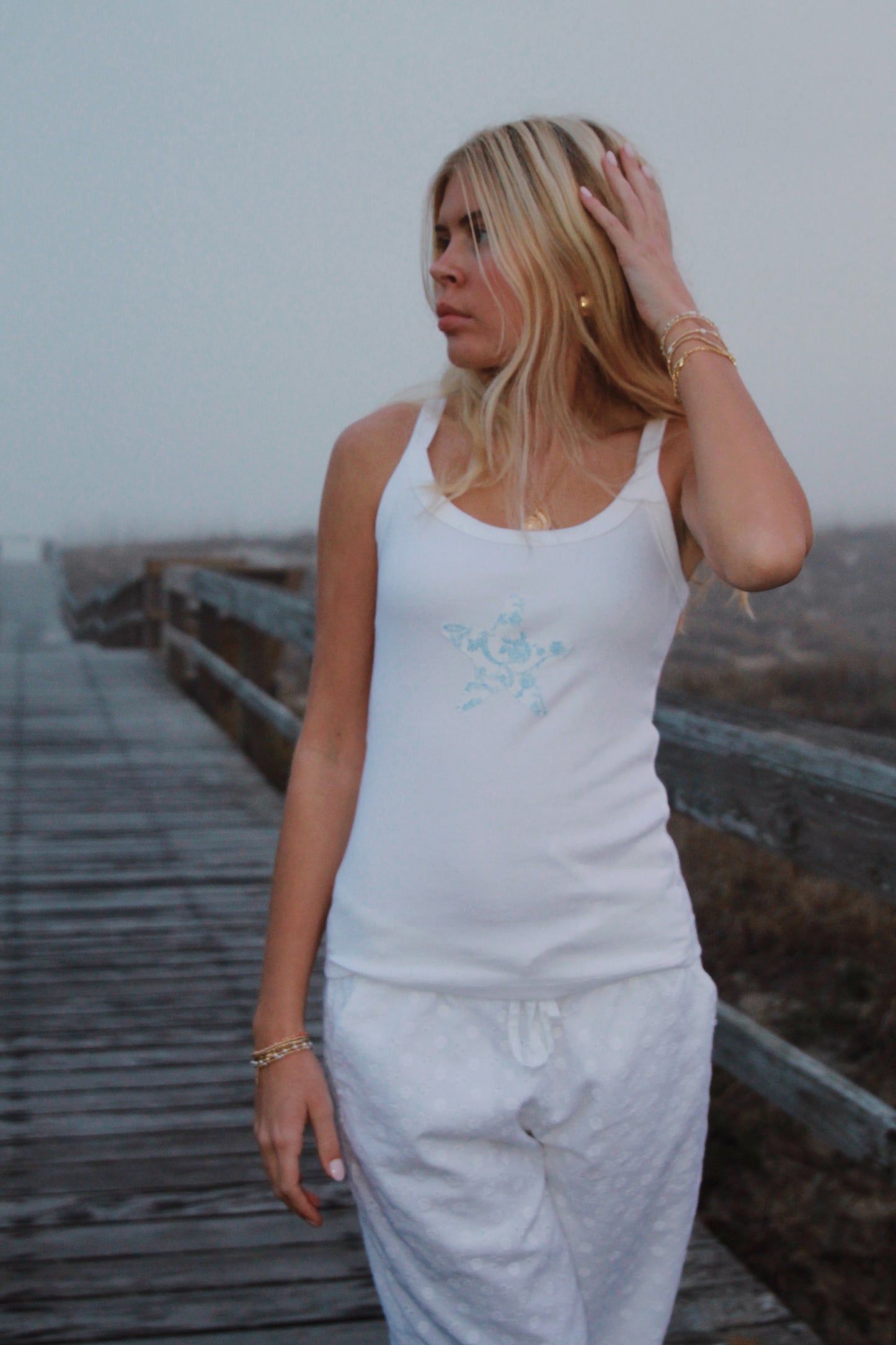 white starfish patchwork tank top