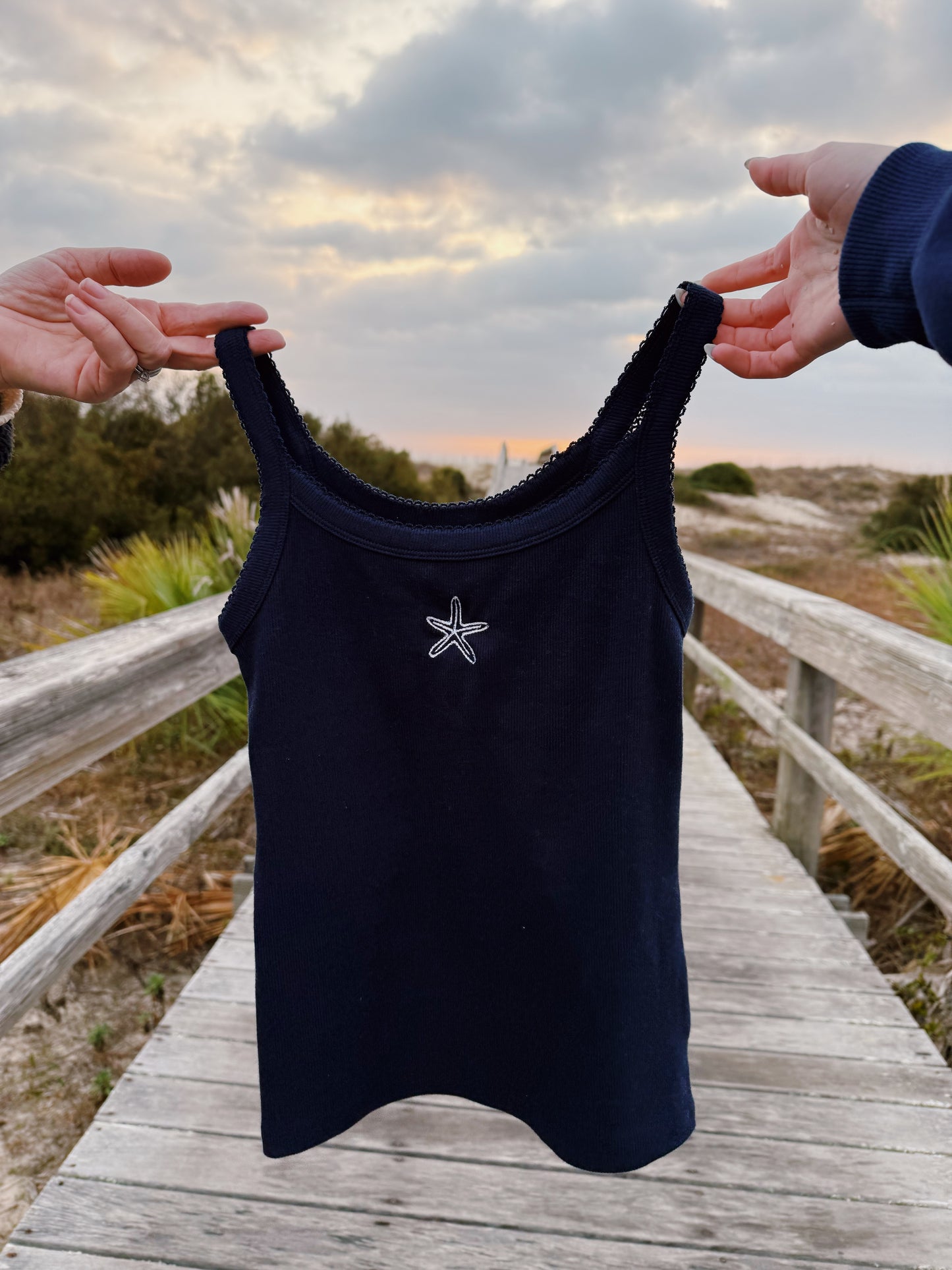 navy starfish embroidered tank top