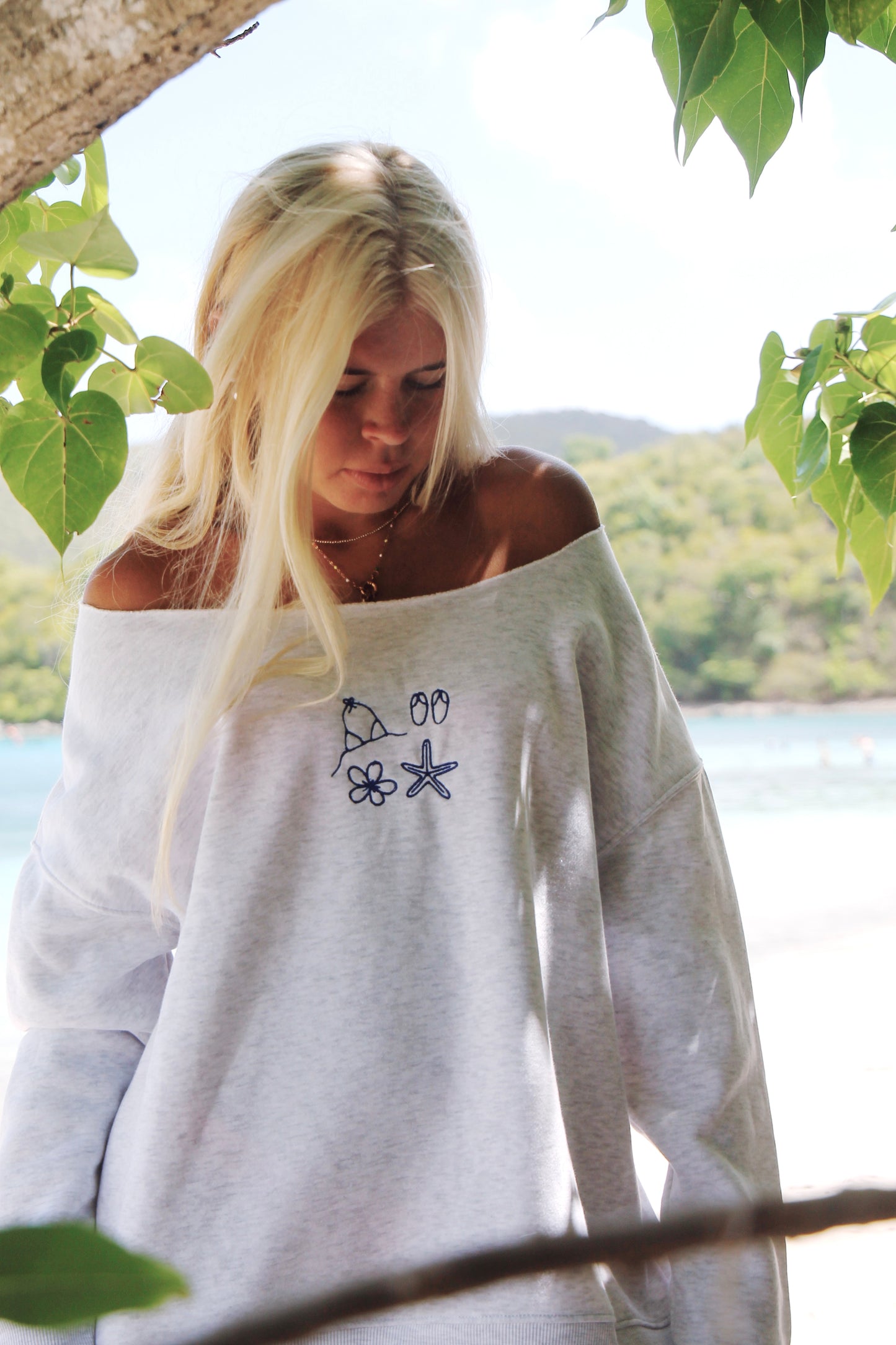 beach essentials light gray crewneck