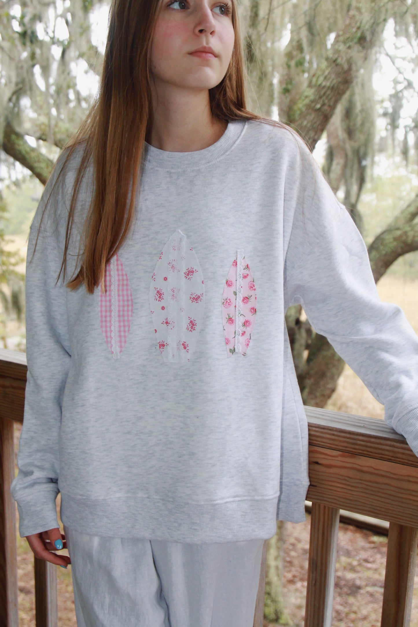 pink surfboard patchwork light gray crewneck
