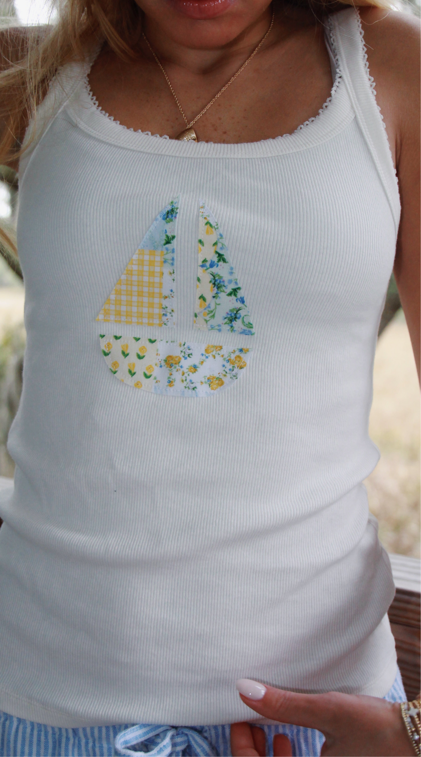 cream sailboat patchwork tank top