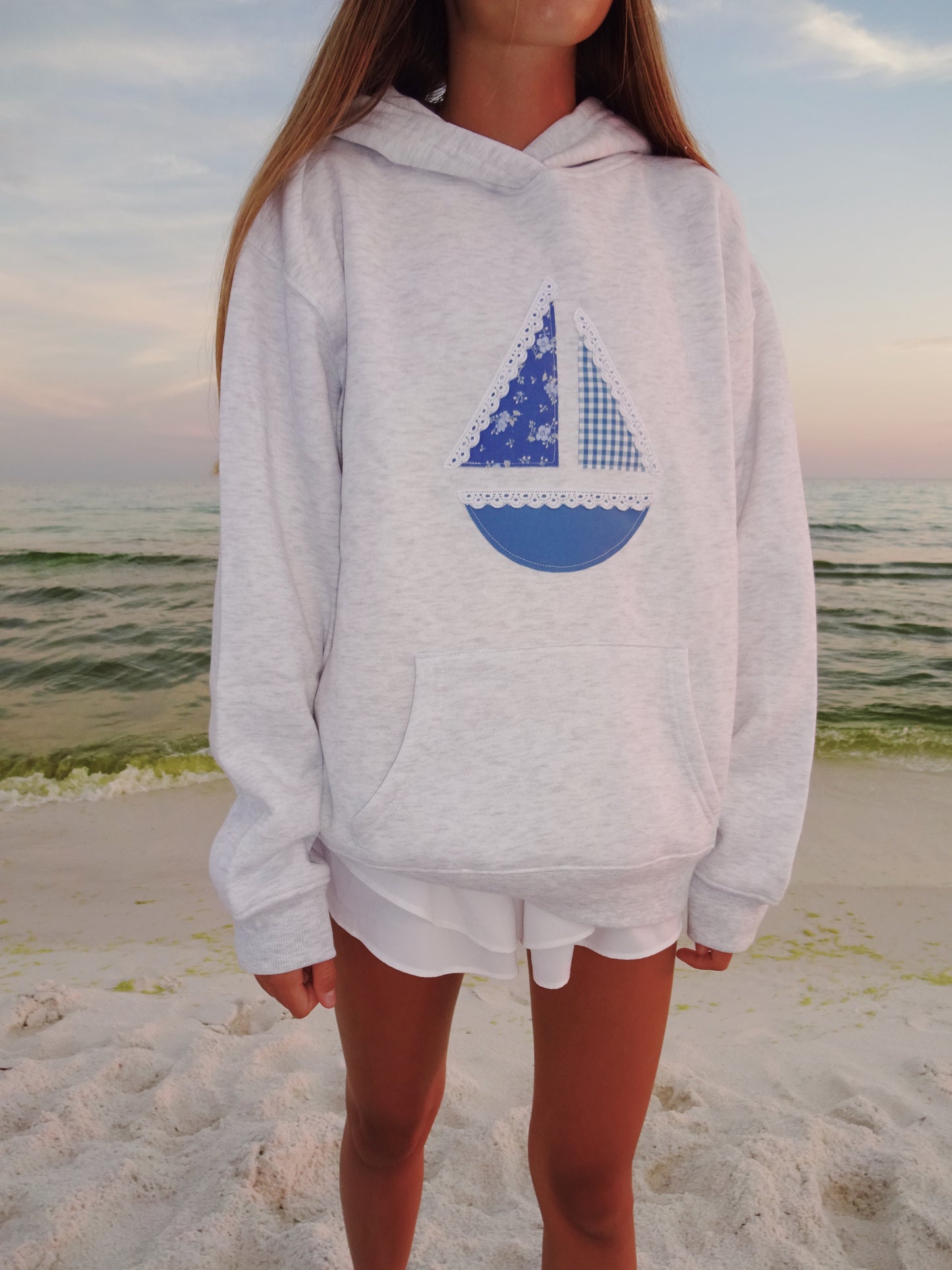 Blue sailboat patchwork hoodie