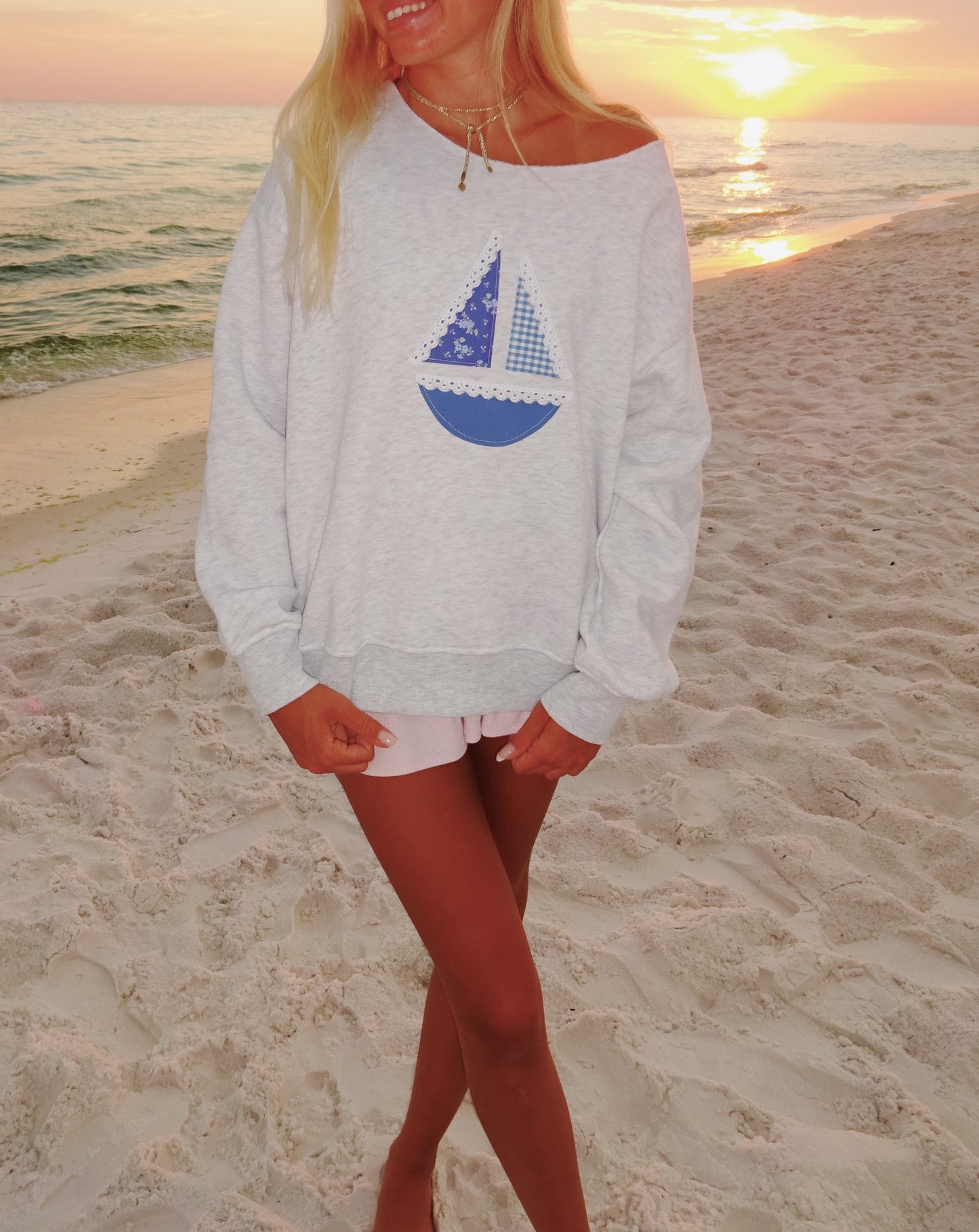 sailboat patchwork crewneck