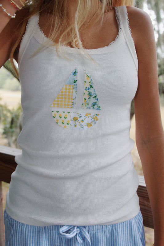 cream sailboat patchwork tank top