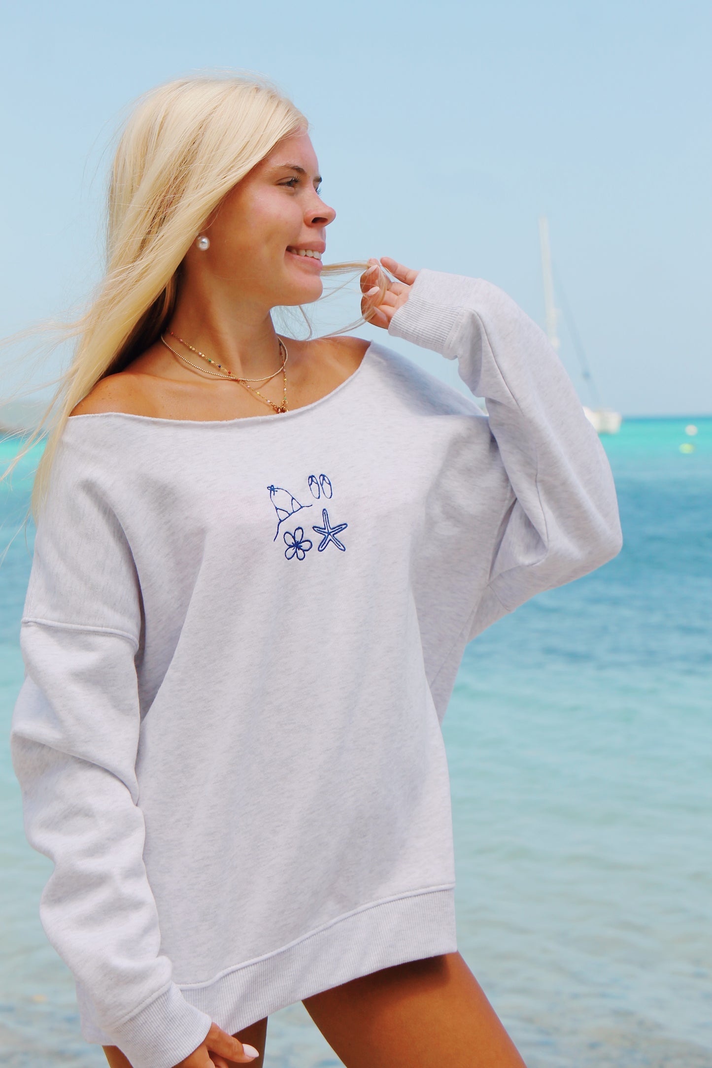 beach essentials light gray crewneck