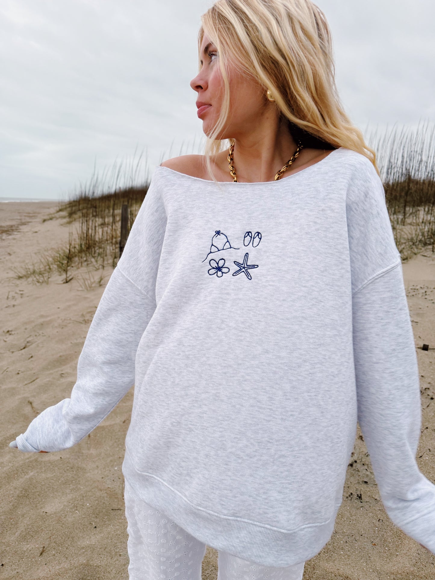 beach essentials light gray crewneck